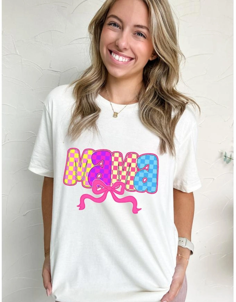 White MAMA Checkered Bow Knot Print Crewneck T Shirt