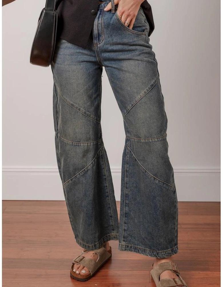 Sail Blue Exposed Stitching Loose Straight High Waist Jeans