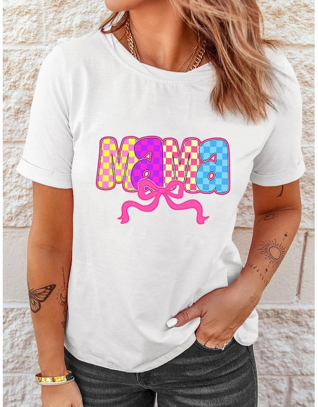 White MAMA Checkered Bow Knot Print Crewneck T Shirt