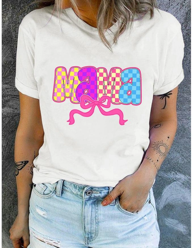White MAMA Checkered Bow Knot Print Crewneck T Shirt