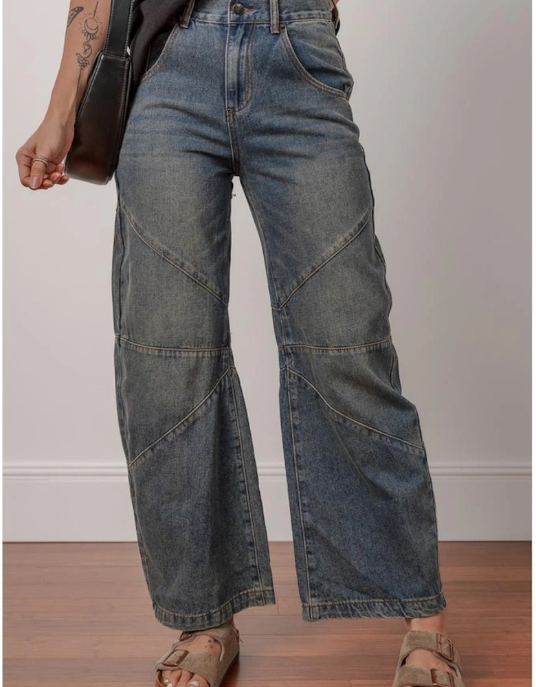 Sail Blue Exposed Stitching Loose Straight High Waist Jeans