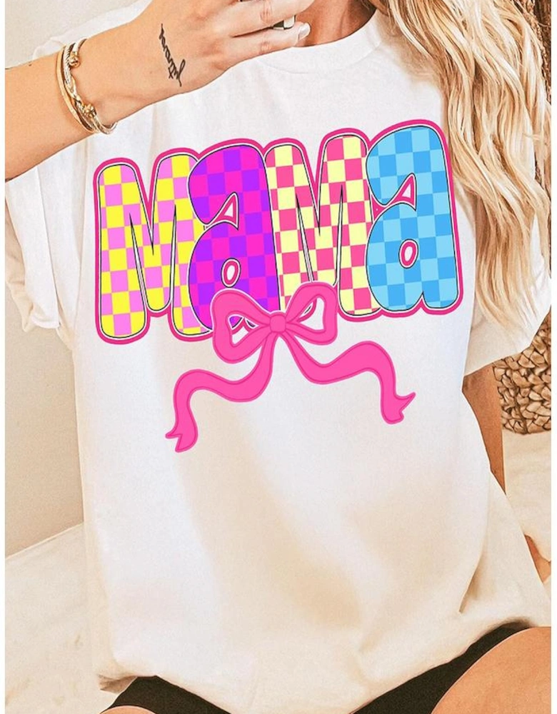 White MAMA Checkered Bow Knot Print Crewneck T Shirt