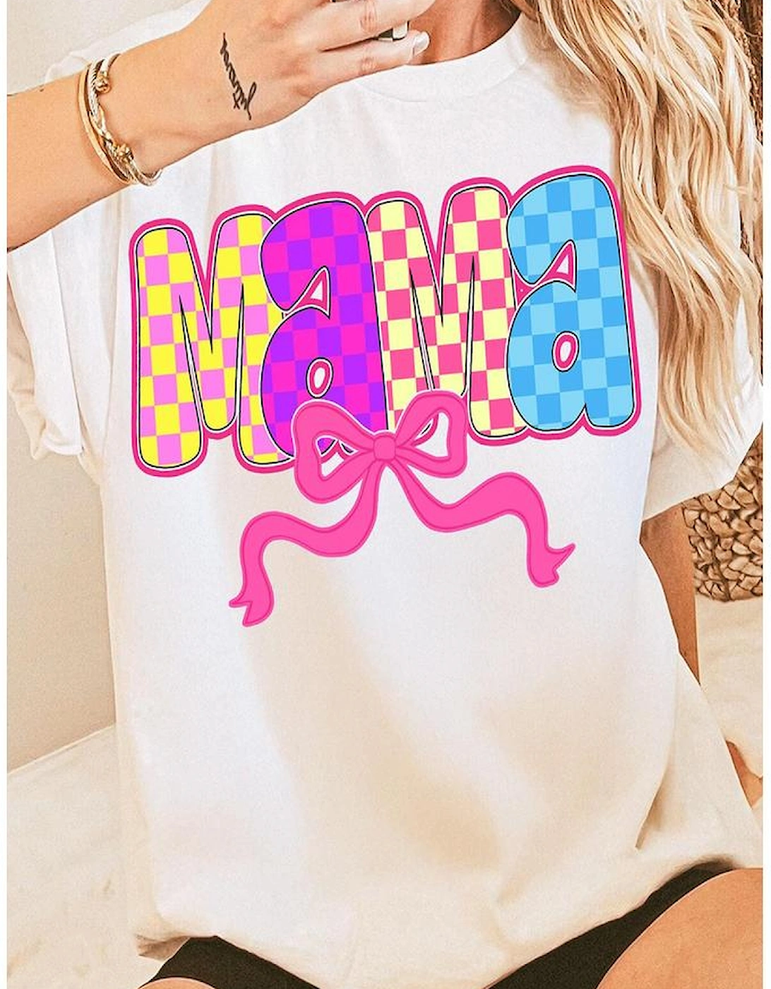 White MAMA Checkered Bow Knot Print Crewneck T Shirt
