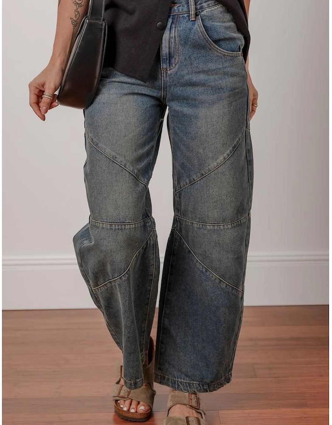 Sail Blue Exposed Stitching Loose Straight High Waist Jeans