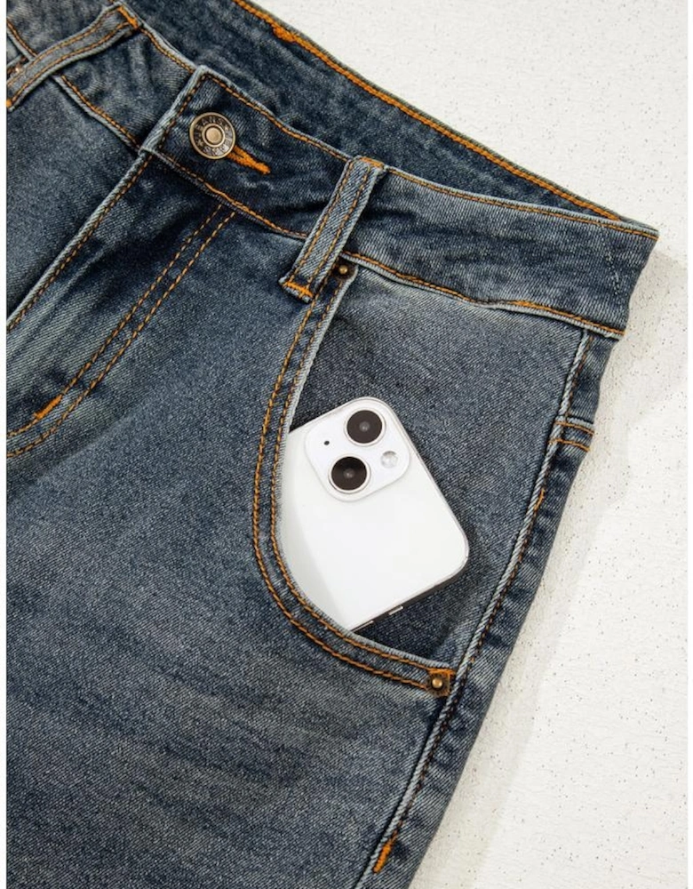 Sail Blue Exposed Stitching Loose Straight High Waist Jeans