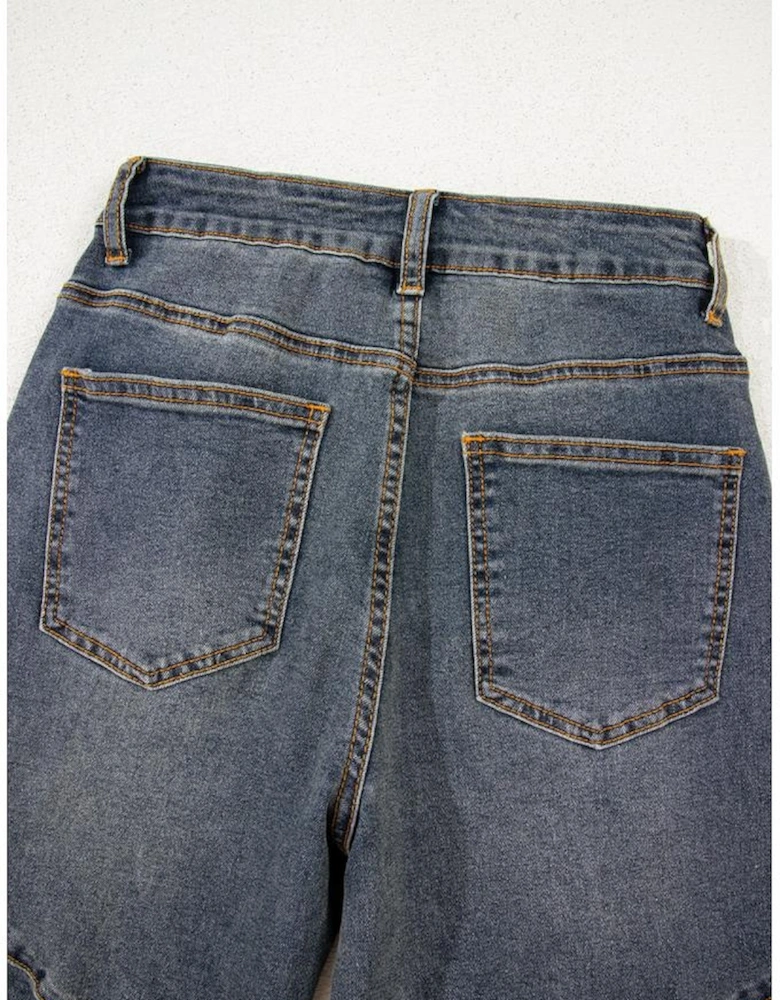 Sail Blue Exposed Stitching Loose Straight High Waist Jeans