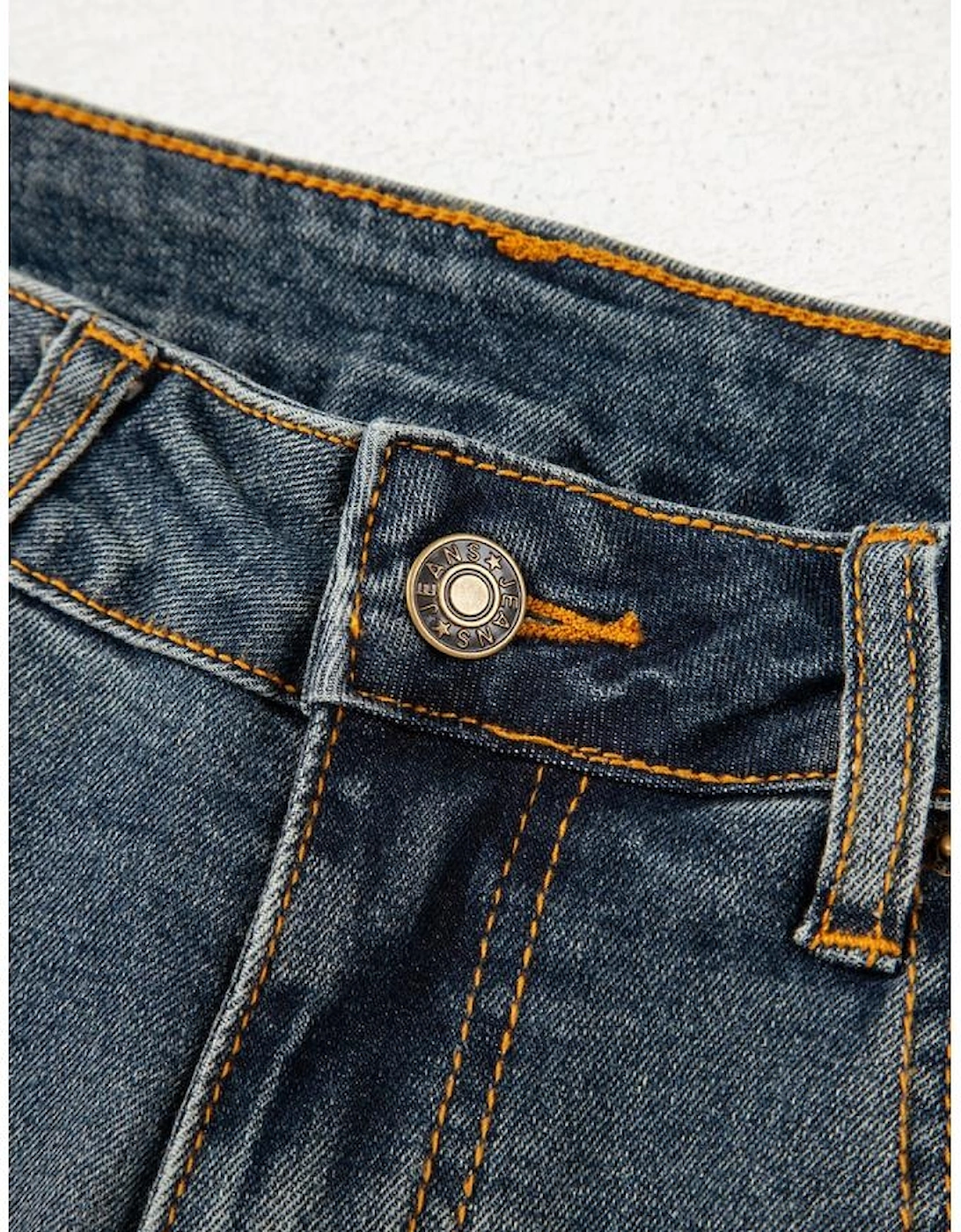 Sail Blue Exposed Stitching Loose Straight High Waist Jeans