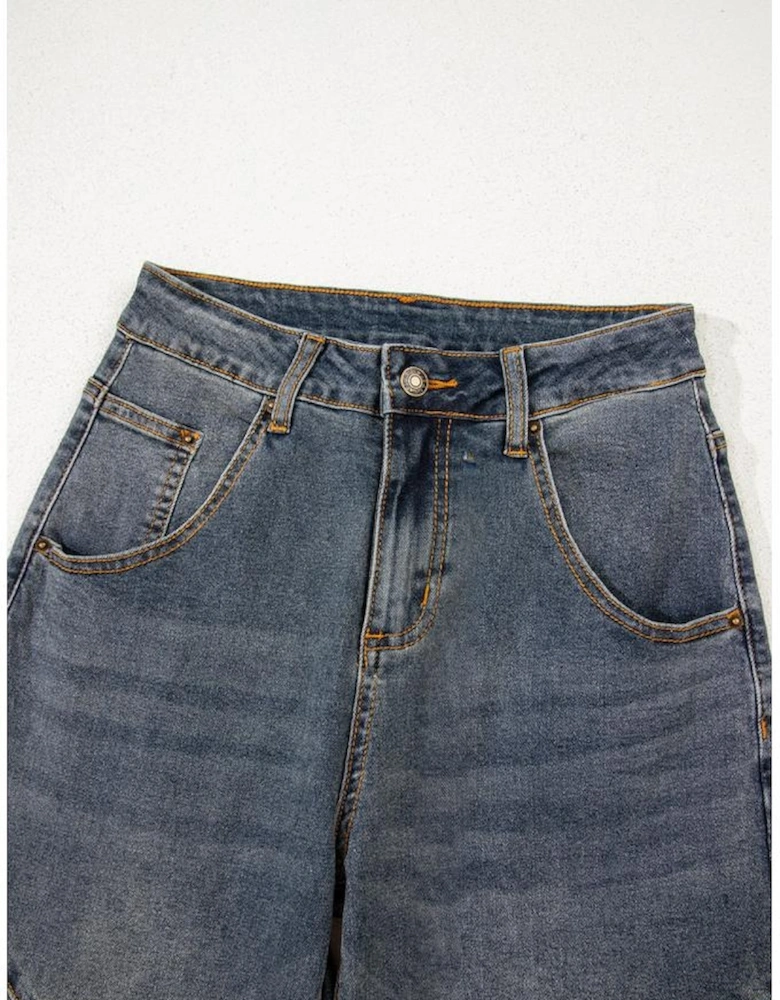 Sail Blue Exposed Stitching Loose Straight High Waist Jeans