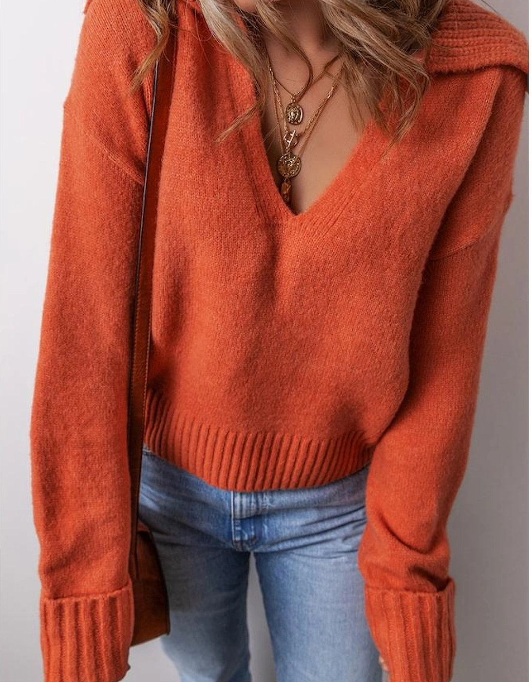 Flamingo Collared V Neck Ribbed Edge Sexy Elegant Sweater