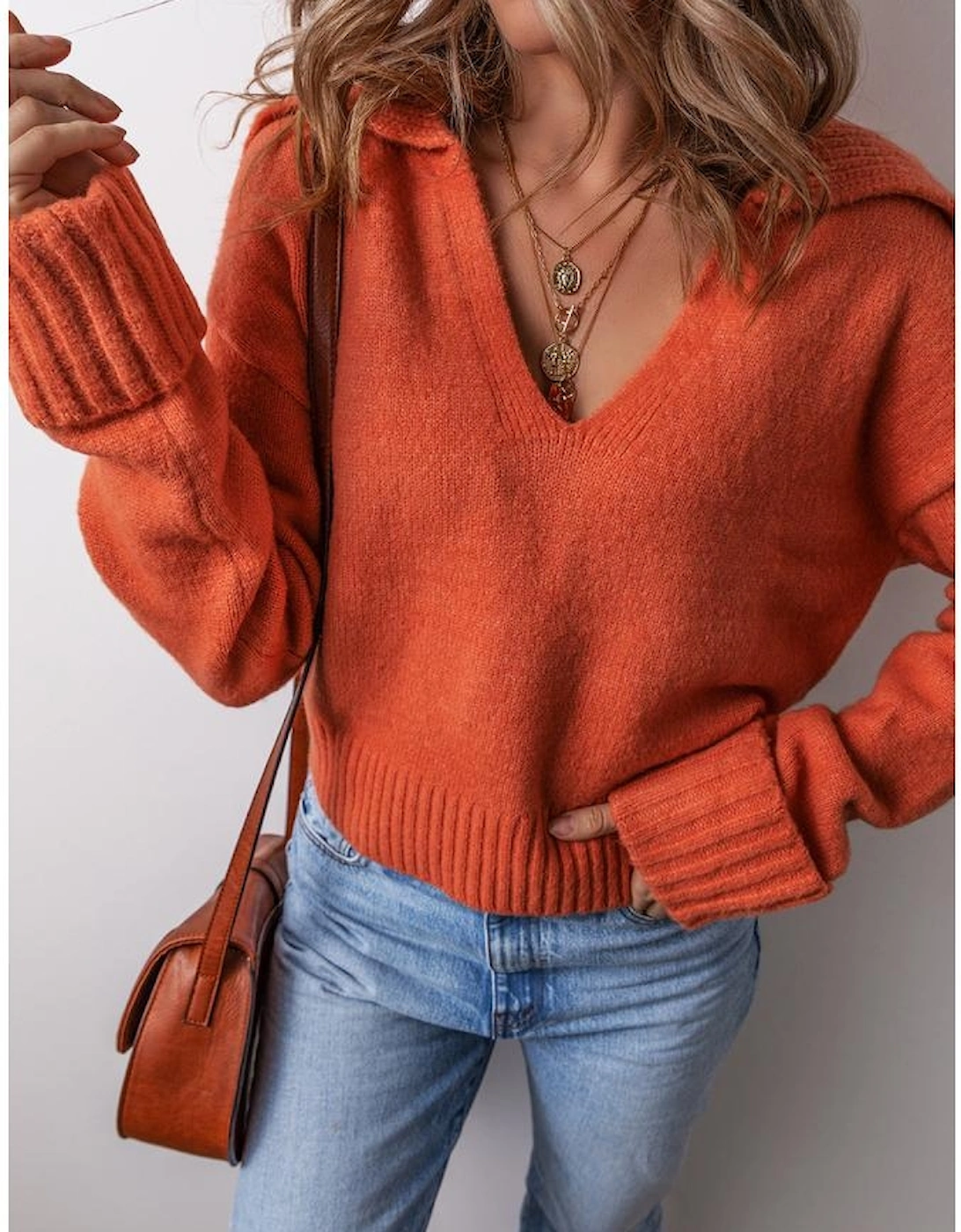 Flamingo Collared V Neck Ribbed Edge Sexy Elegant Sweater