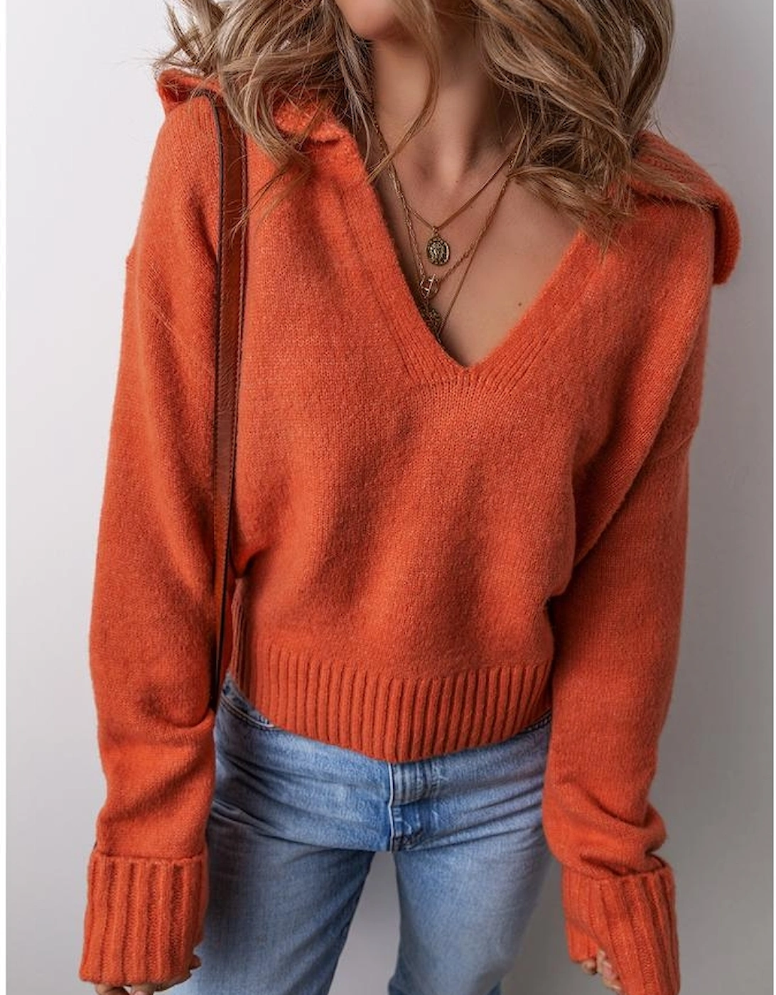 Flamingo Collared V Neck Ribbed Edge Sexy Elegant Sweater