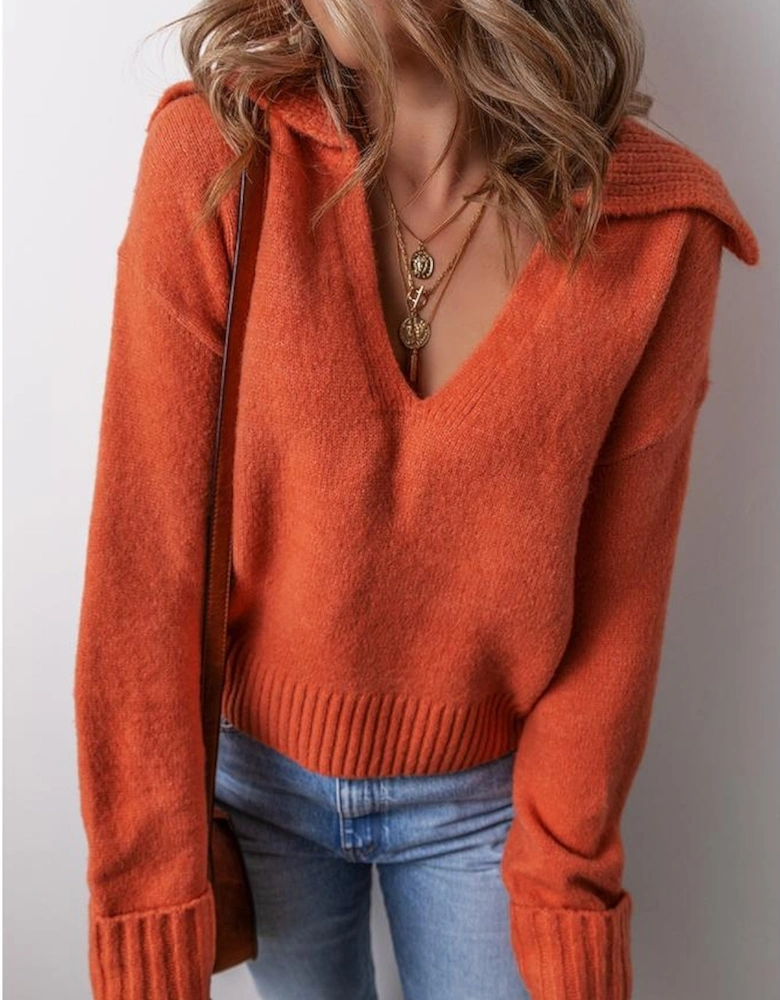 Flamingo Collared V Neck Ribbed Edge Sexy Elegant Sweater