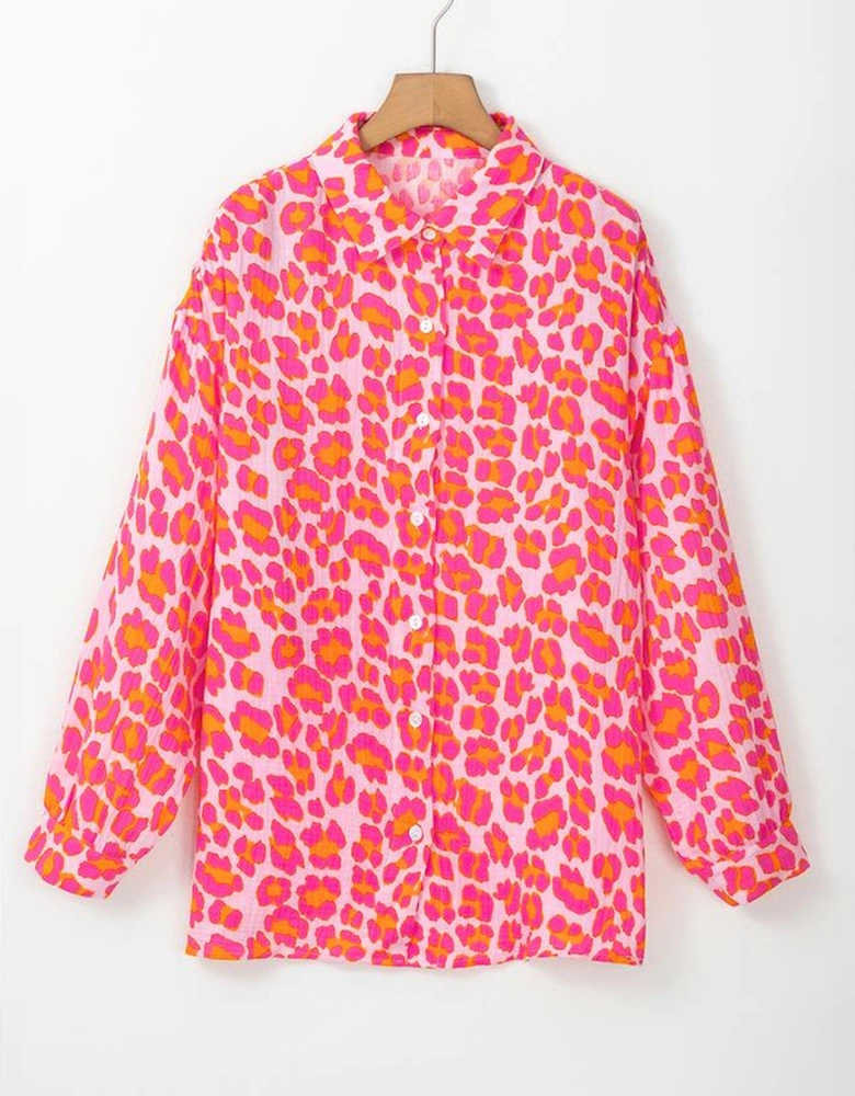 Rose Leopard Printed Button Up Loose Shirt