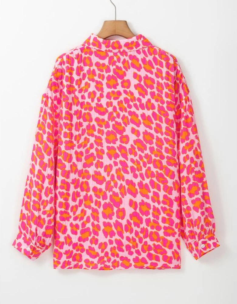 Rose Leopard Printed Button Up Loose Shirt