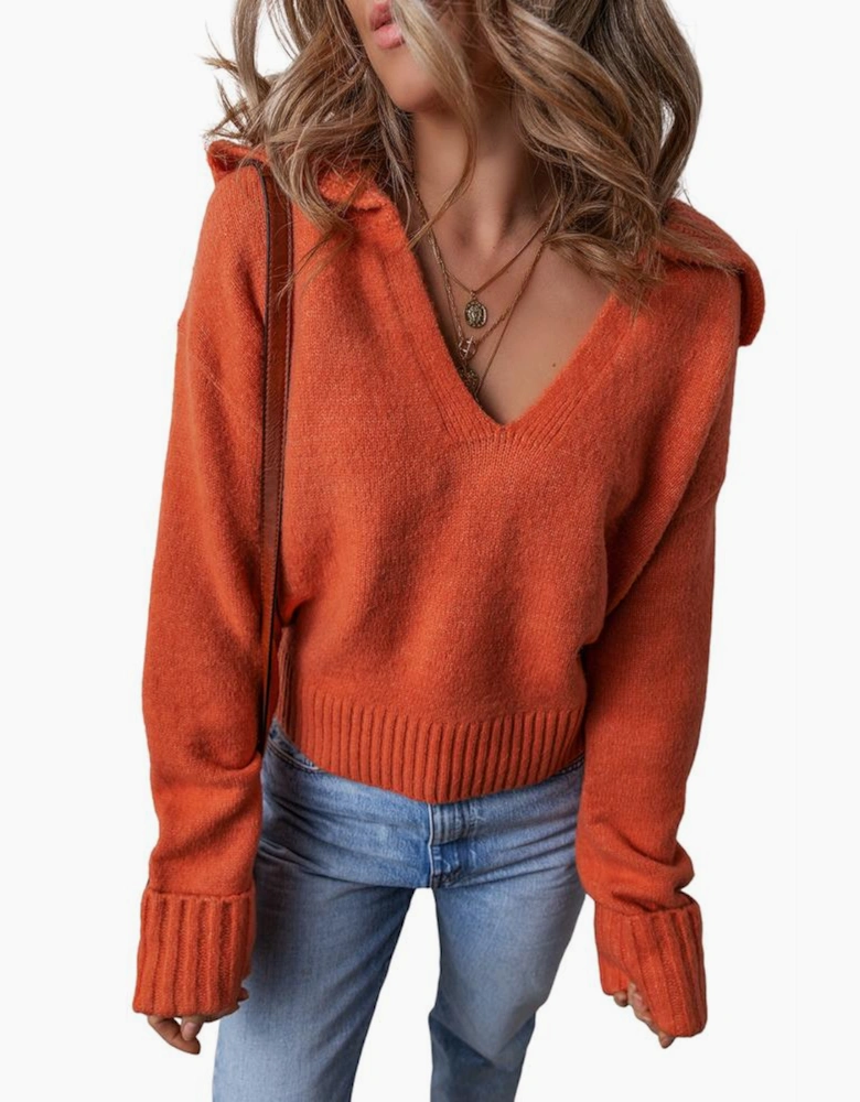 Flamingo Collared V Neck Ribbed Edge Sexy Elegant Sweater