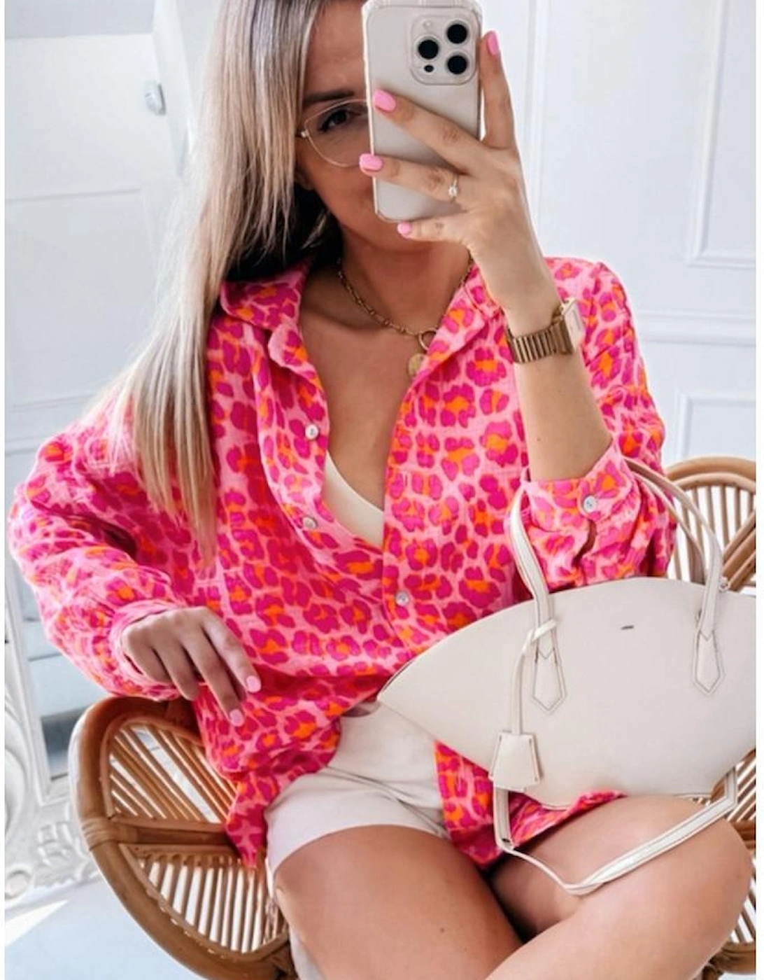 Rose Leopard Printed Button Up Loose Shirt