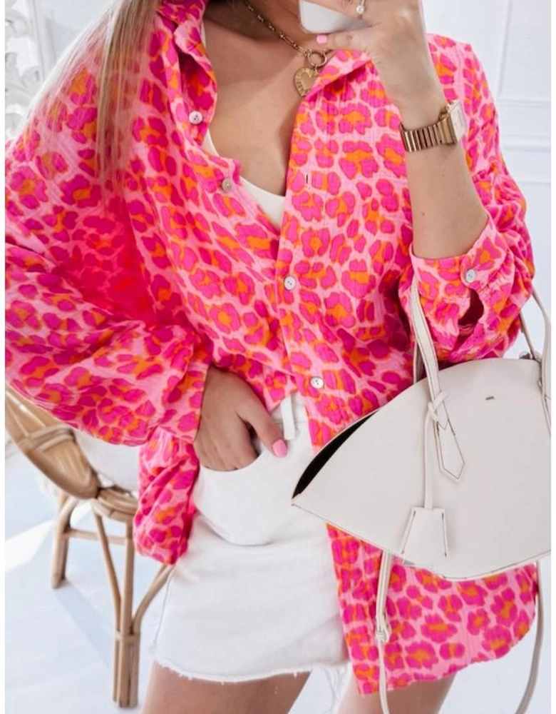 Rose Leopard Printed Button Up Loose Shirt