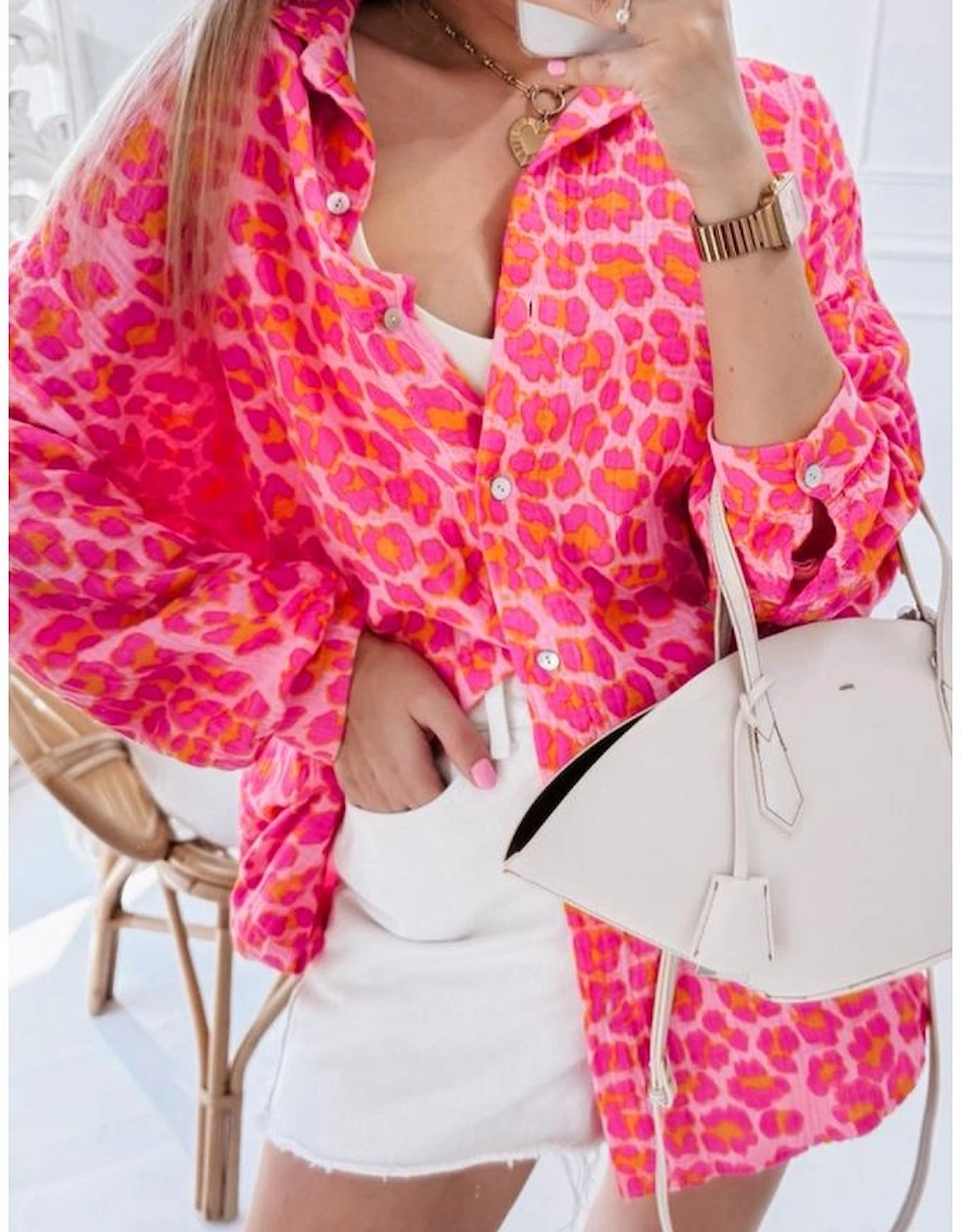 Rose Leopard Printed Button Up Loose Shirt