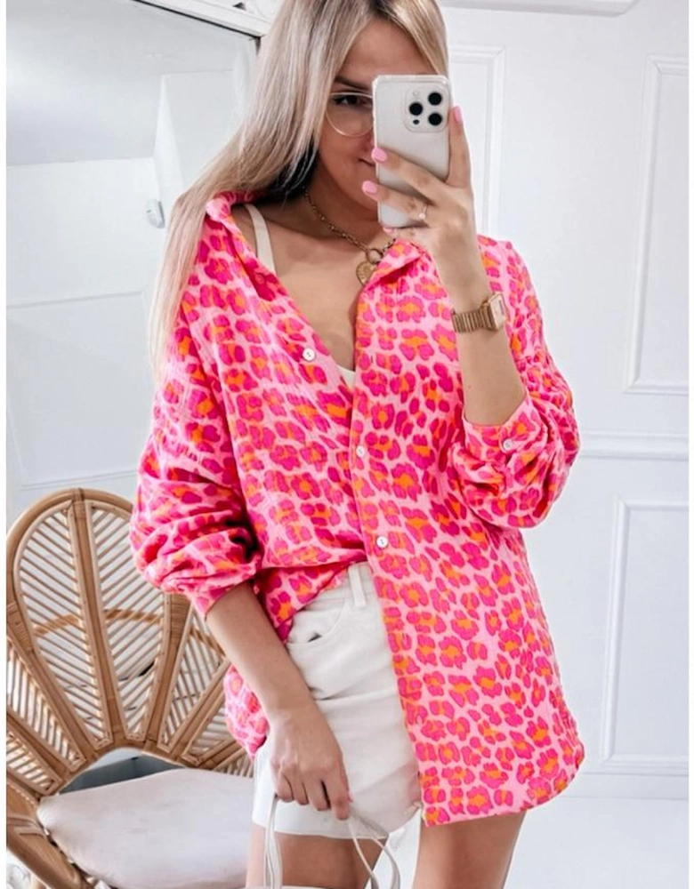 Rose Leopard Printed Button Up Loose Shirt