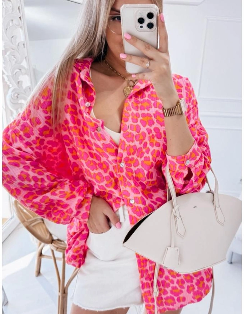 Rose Leopard Printed Button Up Loose Shirt