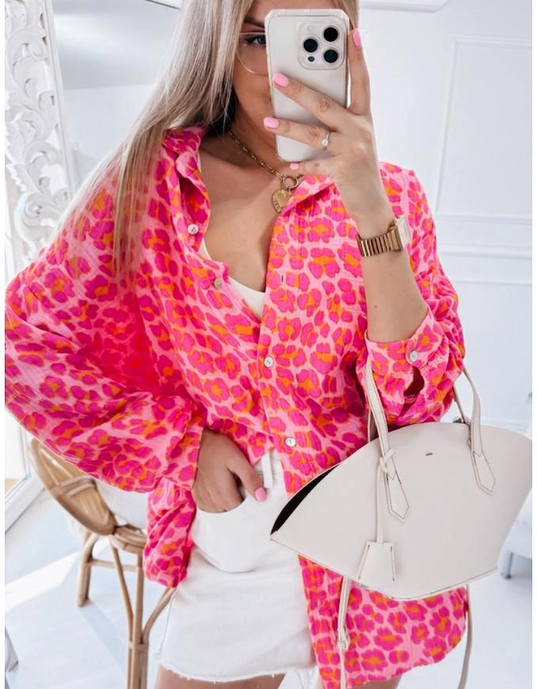 Rose Leopard Printed Button Up Loose Shirt
