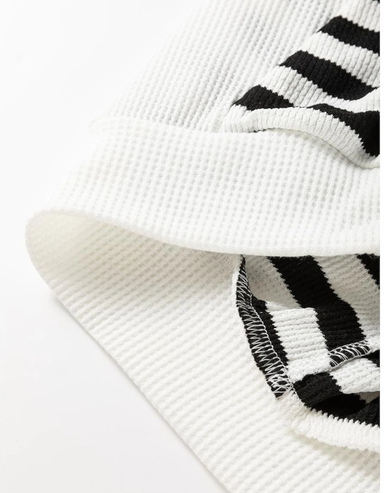Black white Oversized Striped Henley Buttons Dolman Sleeve Hooded Top