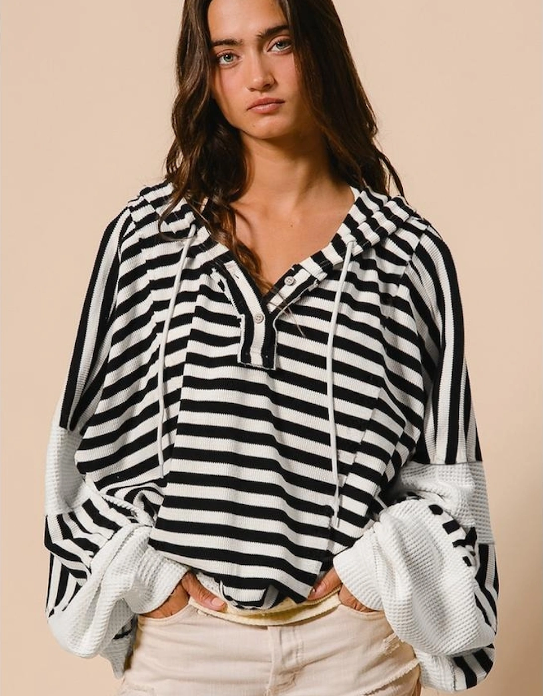 Black white Oversized Striped Henley Buttons Dolman Sleeve Hooded Top