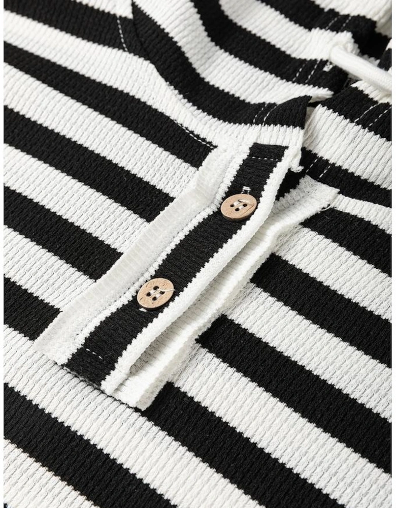 Black white Oversized Striped Henley Buttons Dolman Sleeve Hooded Top