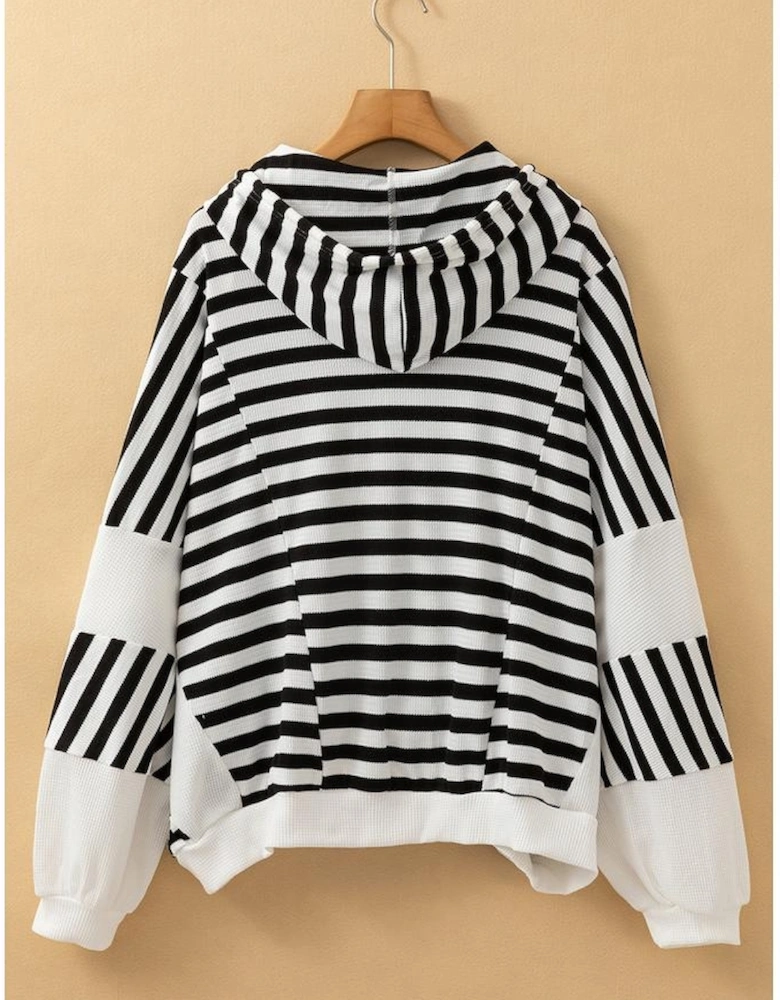 Black white Oversized Striped Henley Buttons Dolman Sleeve Hooded Top