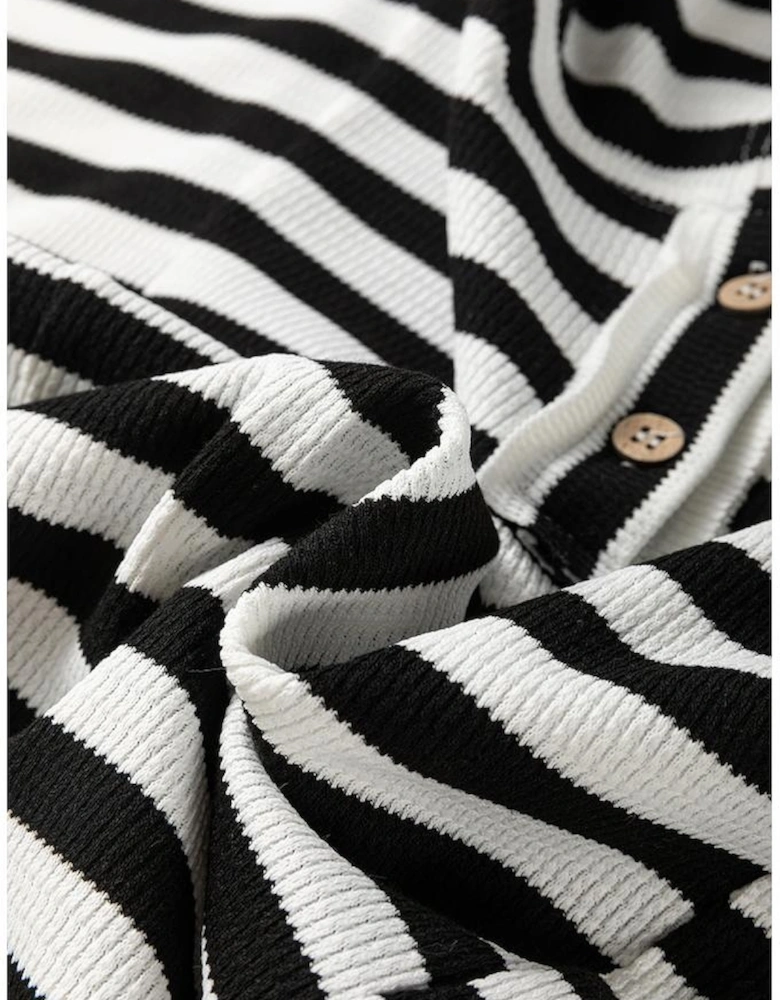 Black white Oversized Striped Henley Buttons Dolman Sleeve Hooded Top