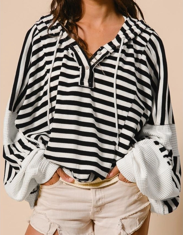 Black white Oversized Striped Henley Buttons Dolman Sleeve Hooded Top