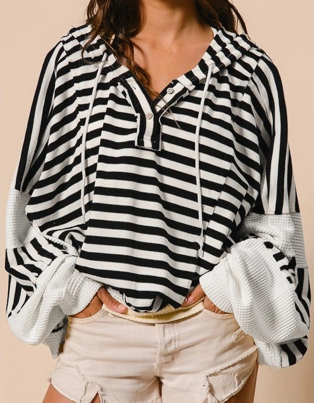 Black white Oversized Striped Henley Buttons Dolman Sleeve Hooded Top