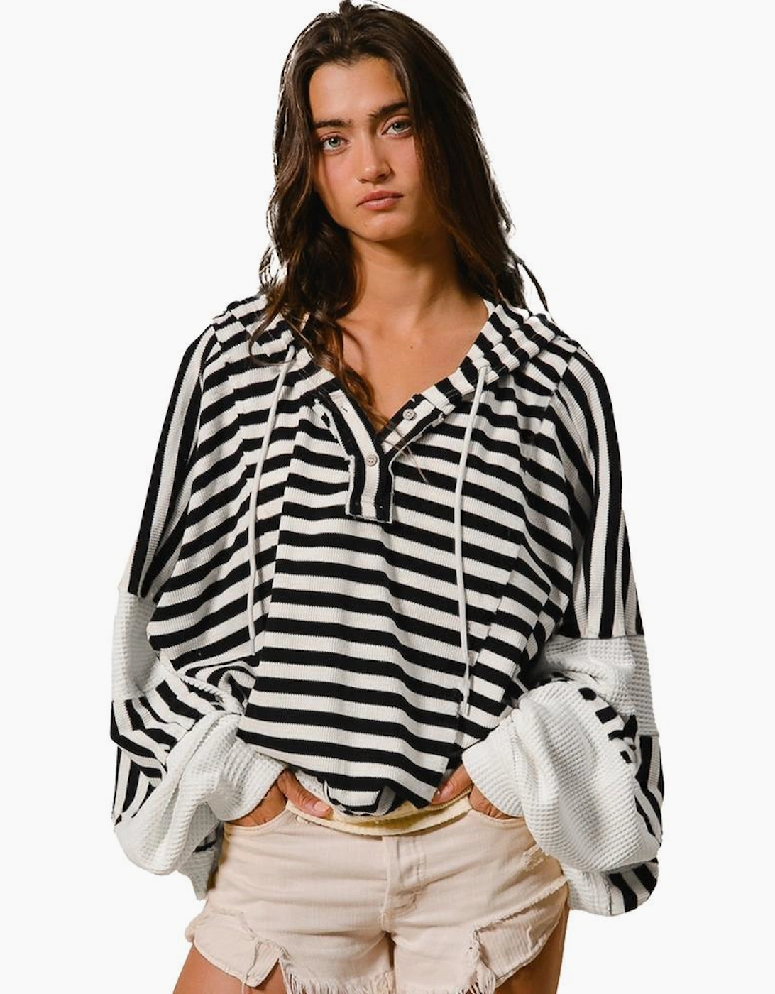 Black white Oversized Striped Henley Buttons Dolman Sleeve Hooded Top