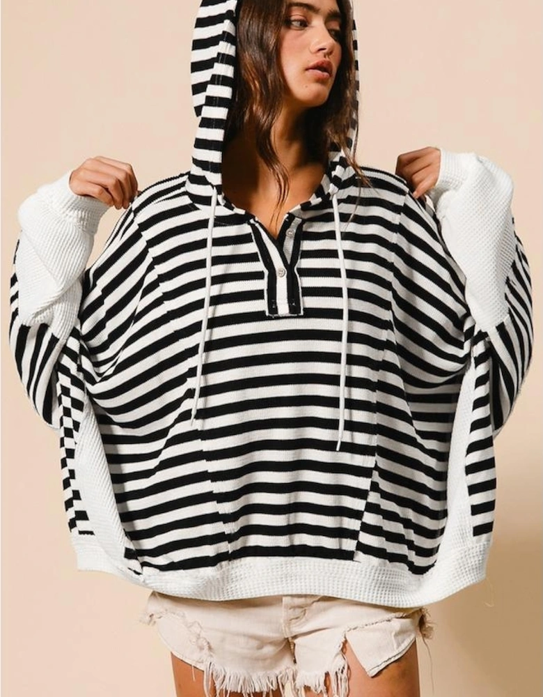 Black white Oversized Striped Henley Buttons Dolman Sleeve Hooded Top