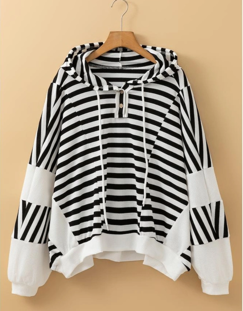 Black white Oversized Striped Henley Buttons Dolman Sleeve Hooded Top