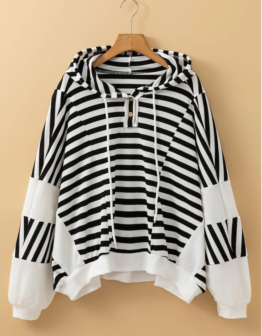 Black white Oversized Striped Henley Buttons Dolman Sleeve Hooded Top