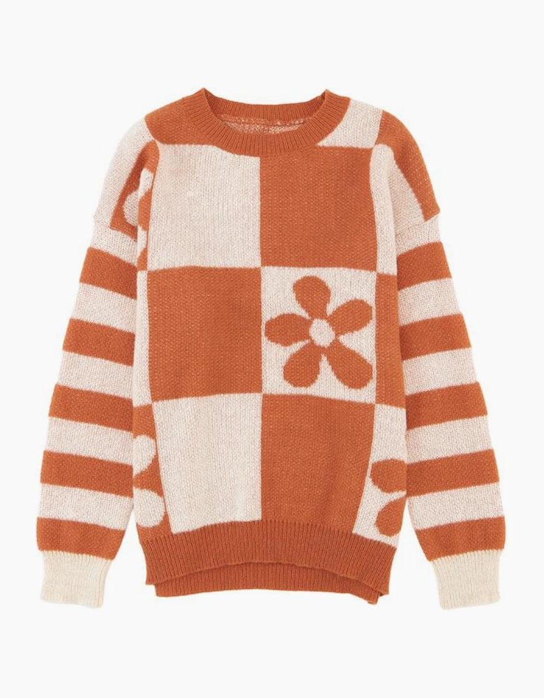 Brown Checkered Floral Print Striped Sleeve Sweater
