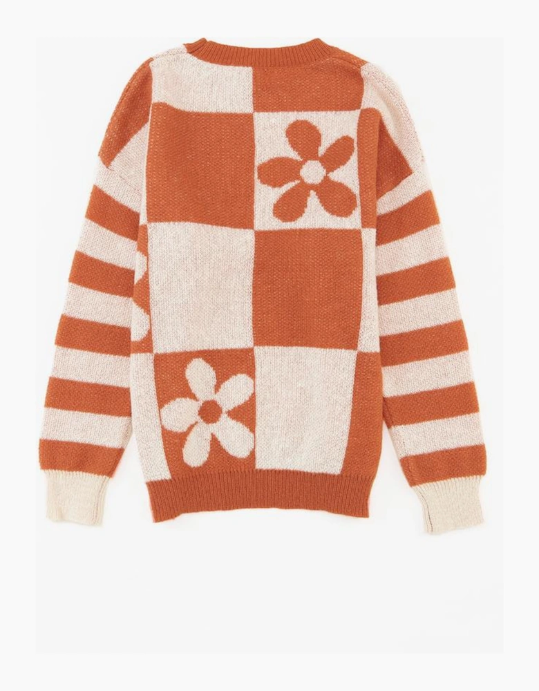 Brown Checkered Floral Print Striped Sleeve Sweater