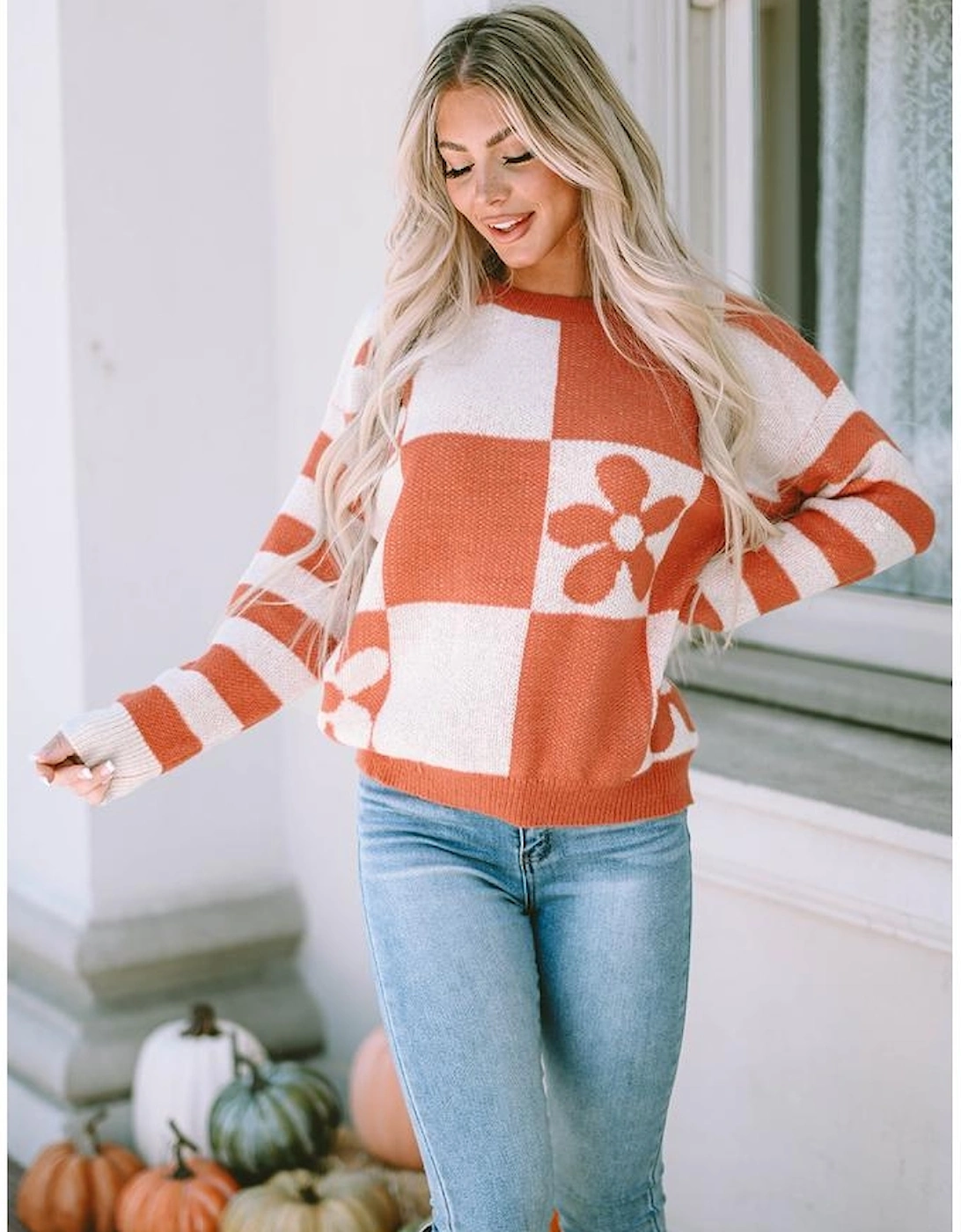 Brown Checkered Floral Print Striped Sleeve Sweater