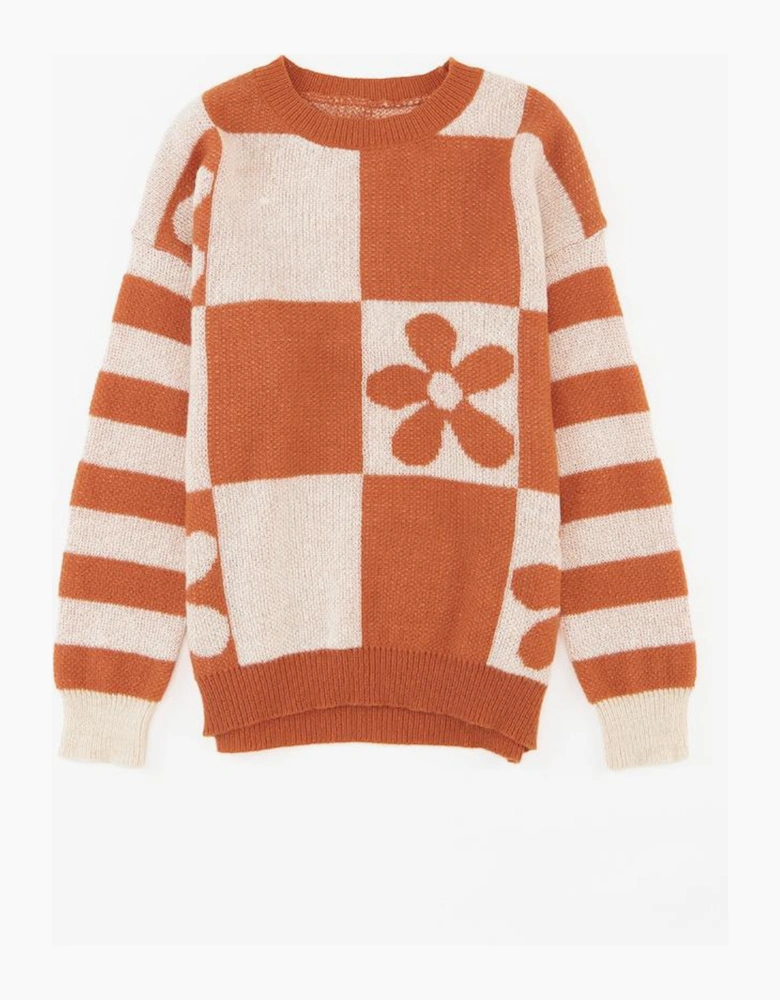 Brown Checkered Floral Print Striped Sleeve Sweater