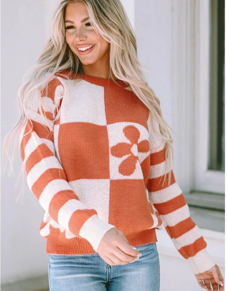 Brown Checkered Floral Print Striped Sleeve Sweater