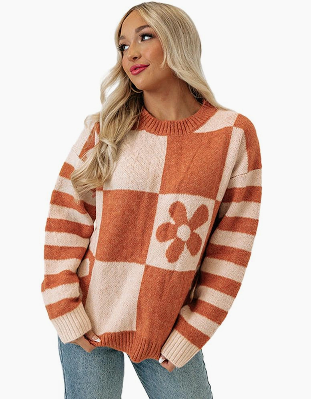 Brown Checkered Floral Print Striped Sleeve Sweater