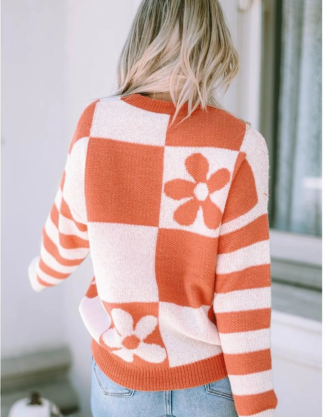 Brown Checkered Floral Print Striped Sleeve Sweater