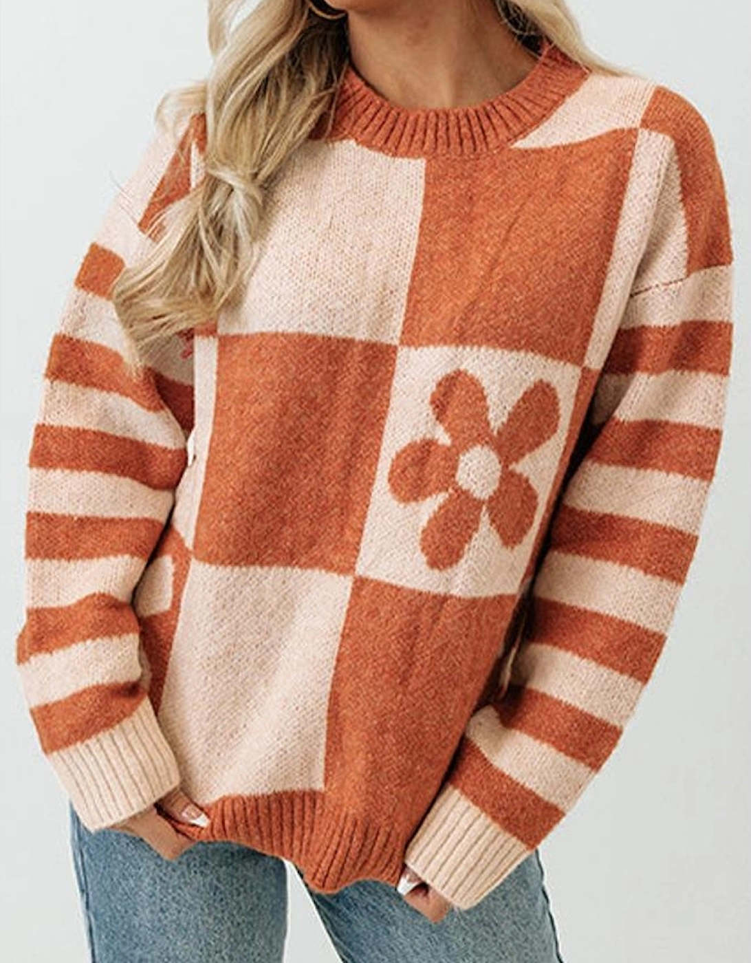 Brown Checkered Floral Print Striped Sleeve Sweater