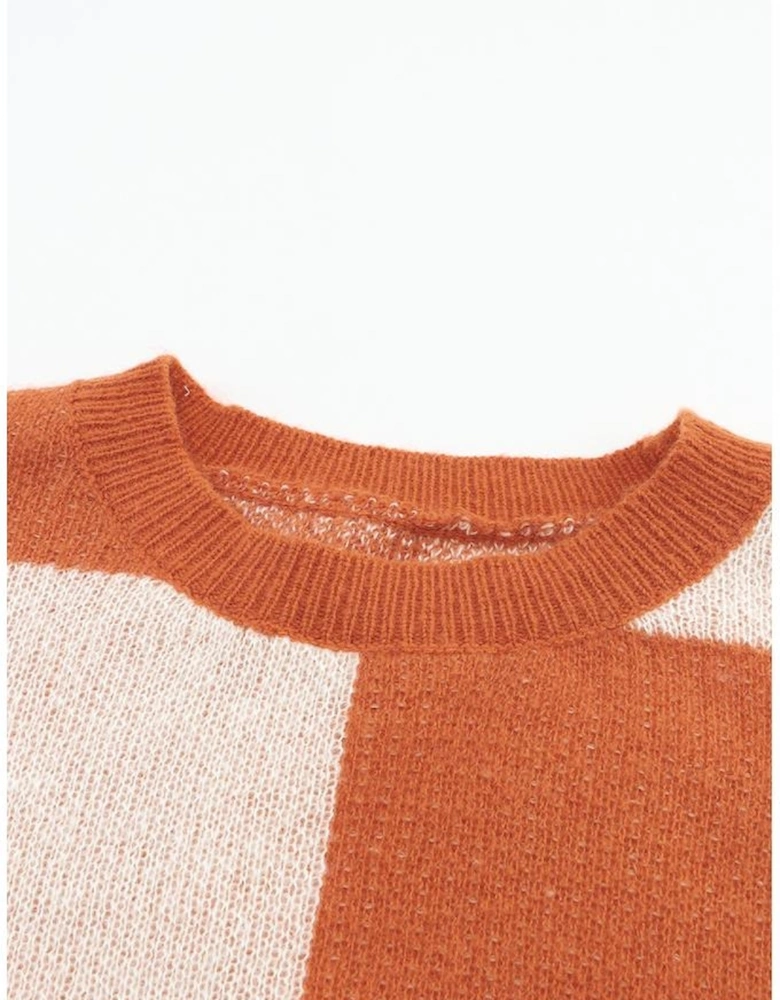 Brown Checkered Floral Print Striped Sleeve Sweater