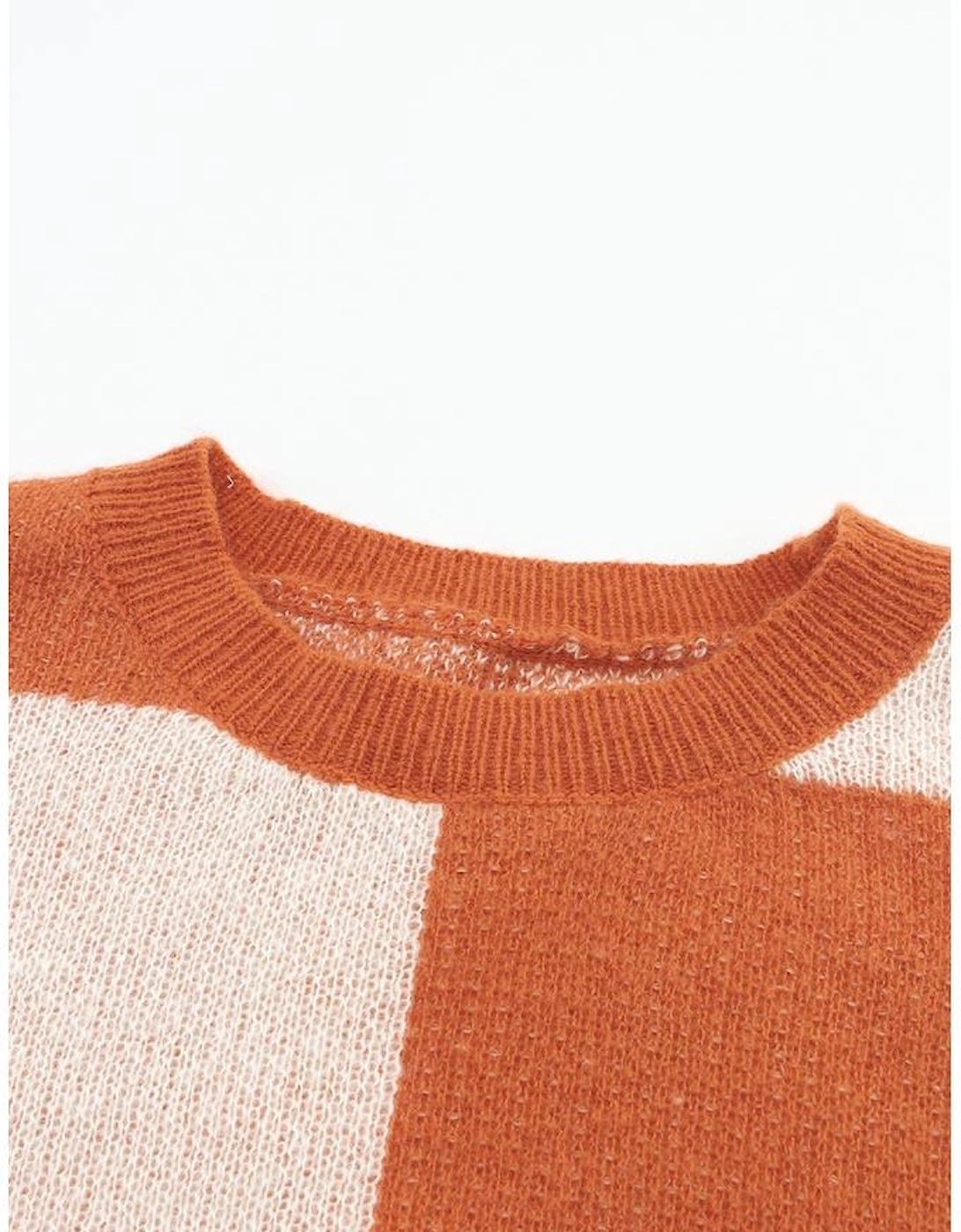 Brown Checkered Floral Print Striped Sleeve Sweater