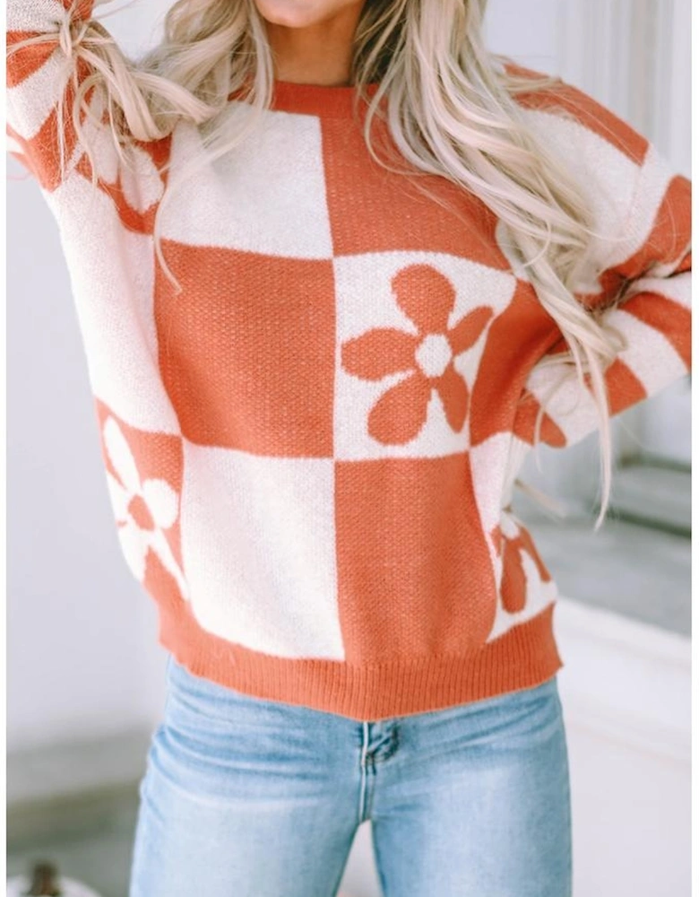 Brown Checkered Floral Print Striped Sleeve Sweater