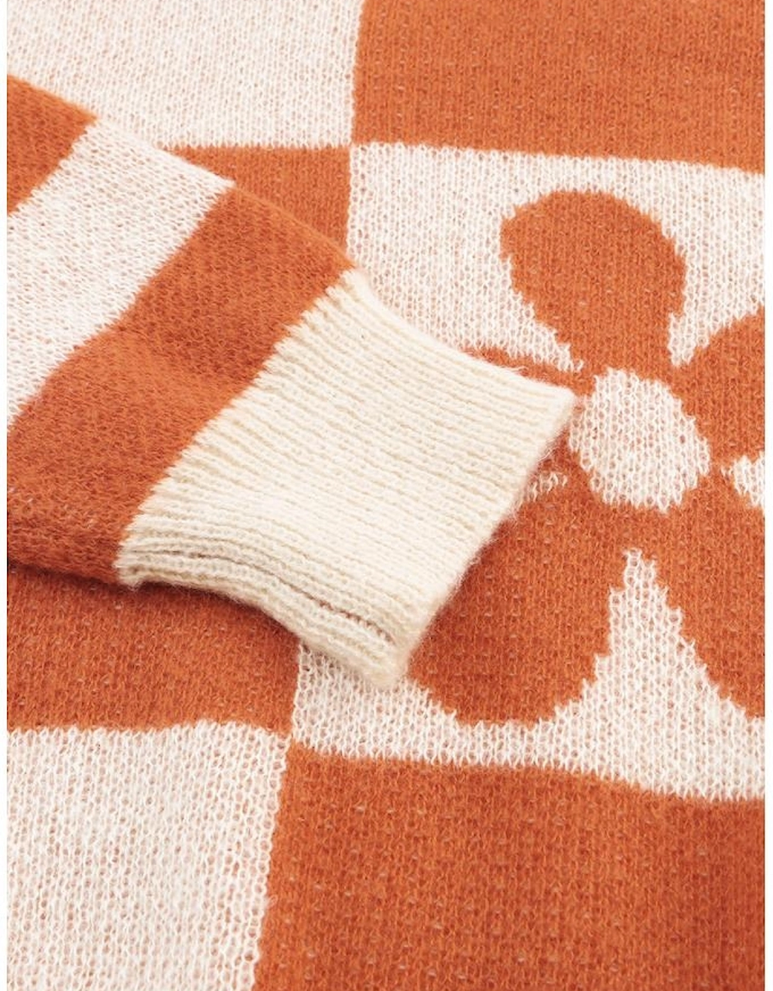 Brown Checkered Floral Print Striped Sleeve Sweater