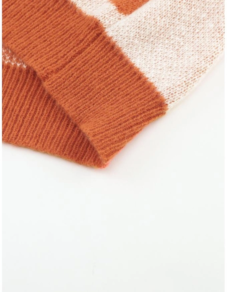 Brown Checkered Floral Print Striped Sleeve Sweater