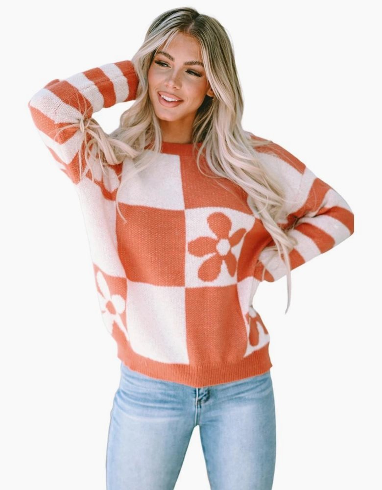 Brown Checkered Floral Print Striped Sleeve Sweater